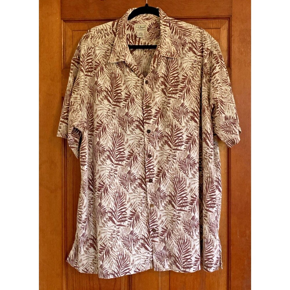 LL Bean Mens XXL Tall Brown Palm Leaf Cotton Button Down Shirt Tropical Cabana